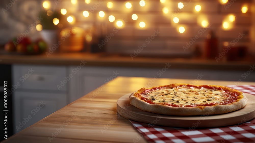 Canvas Prints A freshly baked pizza on a wooden table, surrounded by warm, ambient lighting.