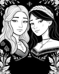Black and white vector illustration of two girls in the style of boho