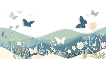 Obraz premium A serene paper-cut style landscape featuring butterflies and flowers in soft pastel colors.