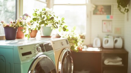A bright laundry room with plants, featuring washing machines and a cozy atmosphere.