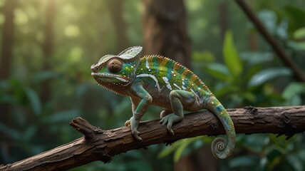 realistic illustration of a green chameleon on the branch of tree