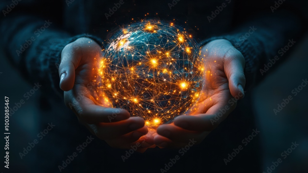 Poster illuminated connections: a world of network in hands. hands cradling a globe with intricate connecti