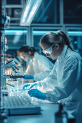 Laboratory scientists working diligently on vaccine research, showcasing precision and focus in modern lab environment. Their efforts contribute to vital medical advancements