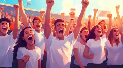 illustration of many sports fans cheering victory together happily and excited to watch their favorite football team in the football soccer stadium. Cheering sports fans wear white shirts.