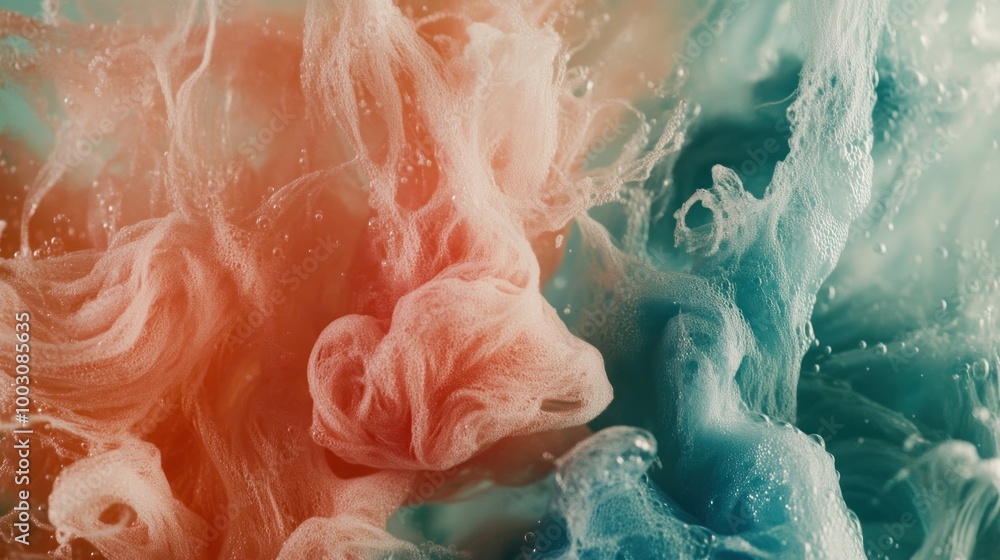 Poster abstract swirling colors in shades of coral and teal create a dynamic visual effect.