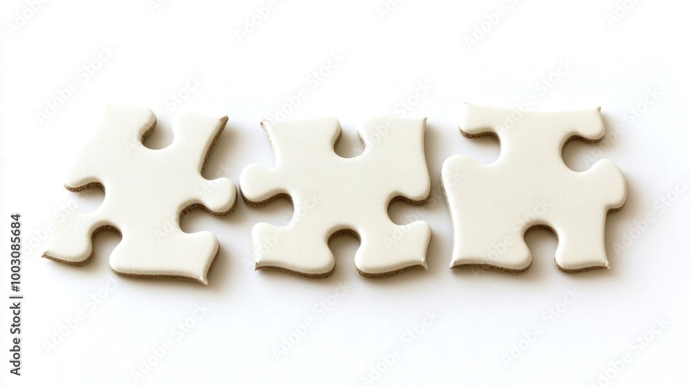 Poster three white puzzle pieces on a light background, symbolizing connection and problem-solving.
