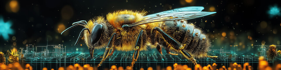 Futuristic macro image of a bug highlighting its importance in nature and technology, ideal for environmental campaigns and digital art showcases.