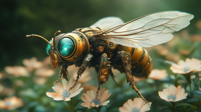 A stunning steampunk robot bug pollinates flowers, ideal for eco-friendly events, spring themes, and creative designs.