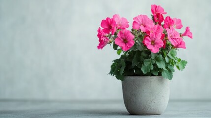 Naklejka premium A vibrant pink flower arrangement in a simple pot against a neutral background.