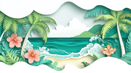 A vibrant paper-cut landscape featuring tropical elements, ocean waves, and flowers.