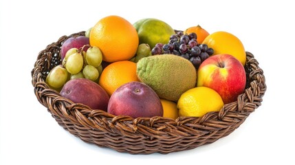 A woven basket filled with a variety of fresh fruits.