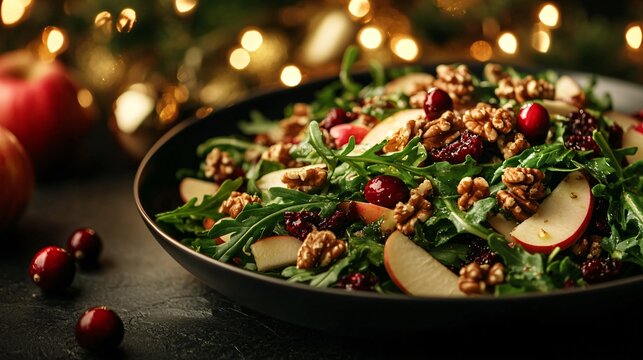 Arugula and apple salad with walnuts and cranberries, served on a matte black surface with a glowing golden backdrop