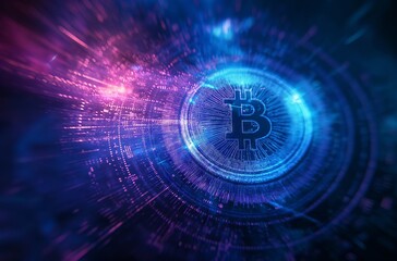 Obraz premium Glowing bitcoin symbol is at the center of a circuit board with data streaming towards it in a conceptual image about cryptocurrency