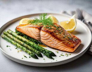 A beautifully plated seafood dish featuring grilled salmon, asparagus, and lemon wedges. The