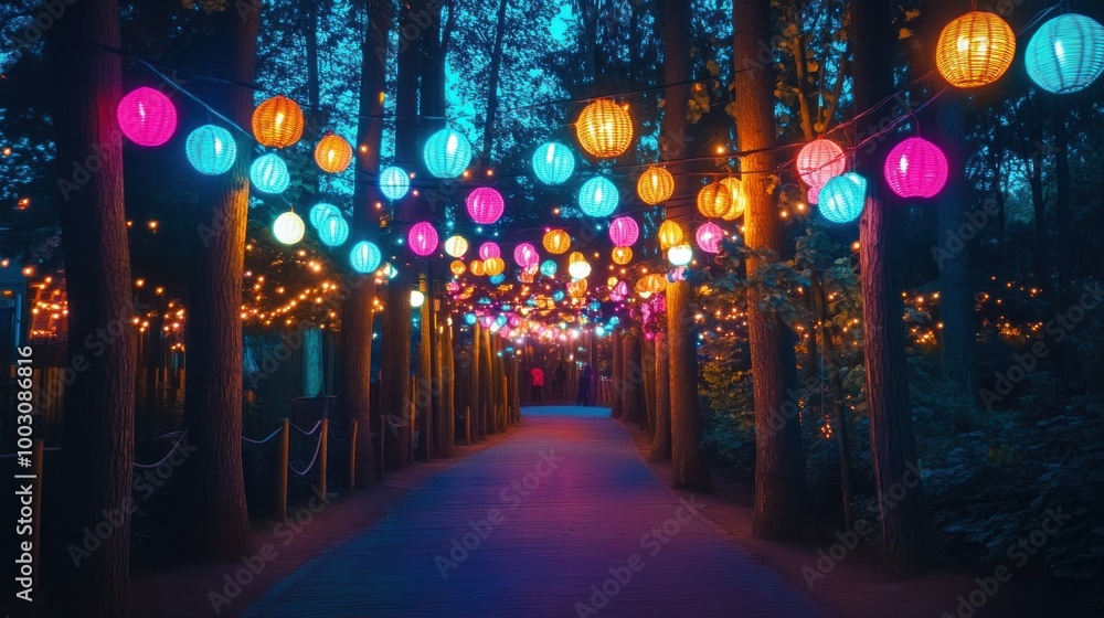 Poster a vibrant pathway illuminated by colorful lanterns in a serene forest setting.
