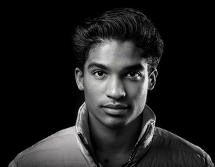 Obraz premium A black-and-white portrait of a young man with strong facial features and textured hair, cap