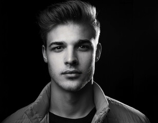 Fototapeta premium A black-and-white portrait of a young man with strong facial features and textured hair, cap