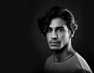 Obraz premium A black-and-white portrait of a young man with strong facial features and textured hair, cap