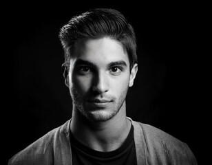 Obraz premium A black-and-white portrait of a young man with strong facial features and textured hair, cap