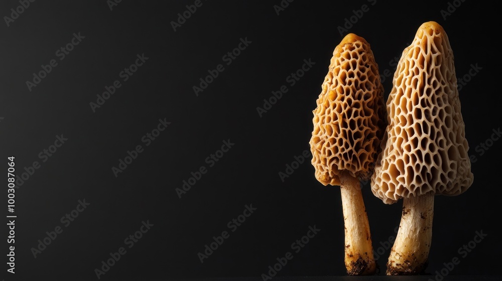Poster two morel mushrooms displayed against a dark background, emphasizing their unique texture.