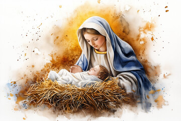 Mary in Nativity Scene &ndash; Watercolor Illustration