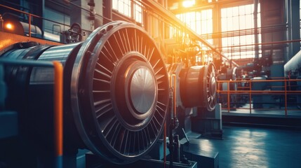 Industrial machinery with large turbines in a well-lit factory setting.