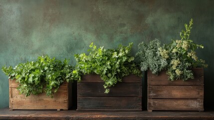 Three rustic wooden boxes filled with fresh herbs against a textured green backdrop.