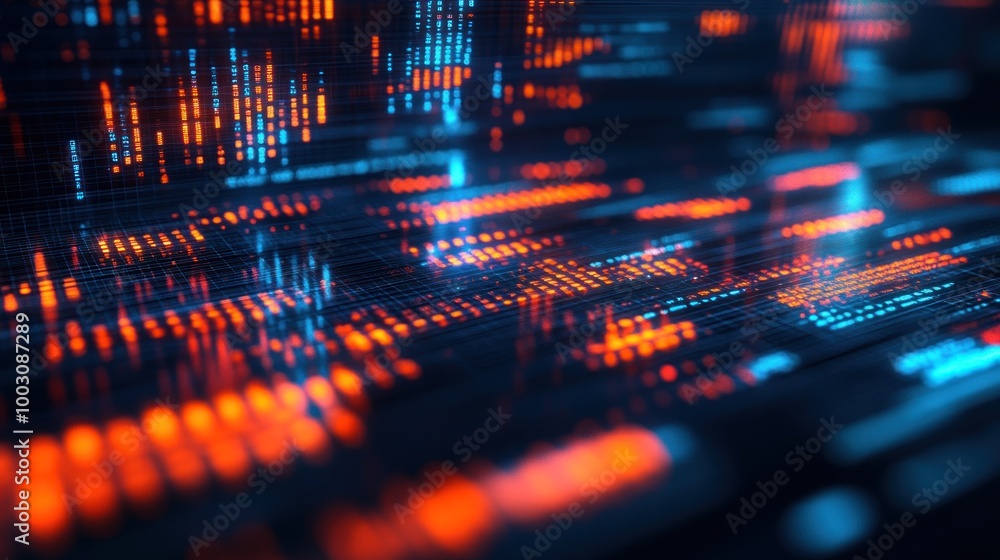 Poster abstract digital visualization with glowing blue and orange data streams.