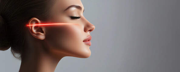 Laser Skin Treatment:  Profile view of a young woman undergoing a cosmetic laser procedure.  The red laser beam is subtly highlighted against her flawless skin. This image is perfect for advertising.