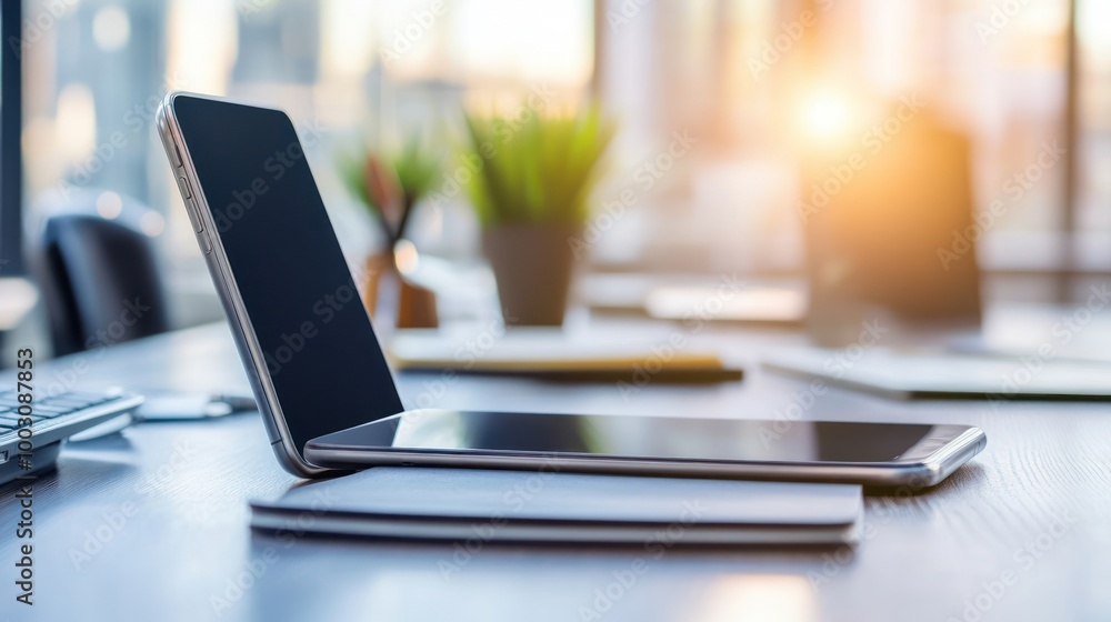 Aufkleber a smartphone resting on a notebook in a modern office setting with natural lighting.