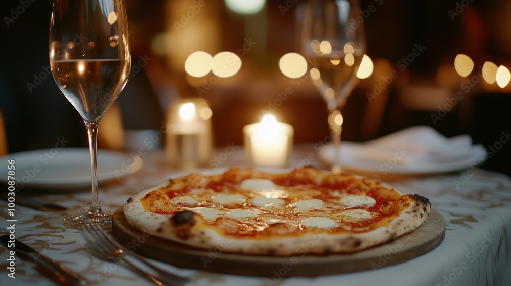 Poster A delicious pizza on a table set for a romantic dinner, illuminated by soft candlelight.