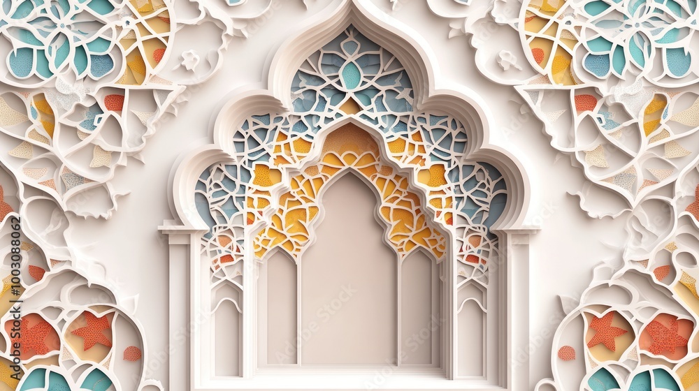 Poster Intricate architectural design featuring colorful patterns and arches.