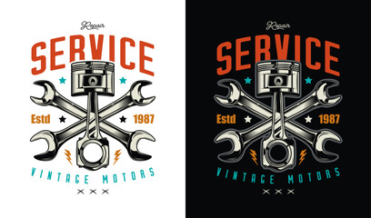 Poster with piston and wrenches. Original vector illustration in vintage style isolated on black background. T-shirt design.