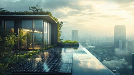 Panel solar energy photovoltaic power roof sun home cell system green house eco industry. Solar energy building panel future electric engineer technology ecology sunset nature station sky light work