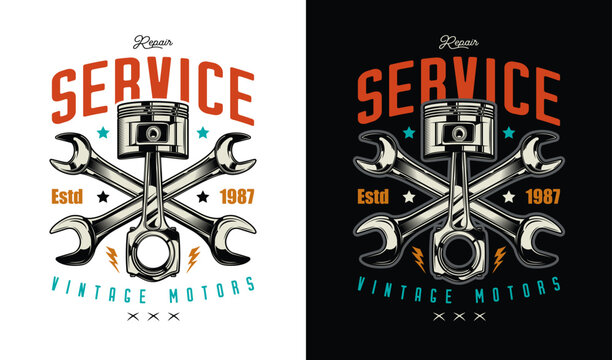 Poster with piston and wrenches. Original vector illustration in vintage style isolated on black background. T-shirt design.