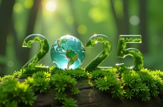 Image with numbers 2025 in the form of green numbers with planet earth on the background of a blurred forest with sun rays. Ecology concept
