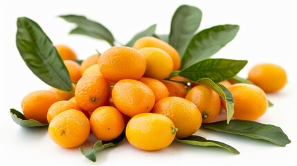 Fresh Kumquats with Green Leaves Isolated On White