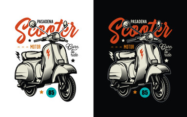 Classic old scooter. Original vector illustration in vintage style. T-shirt design.