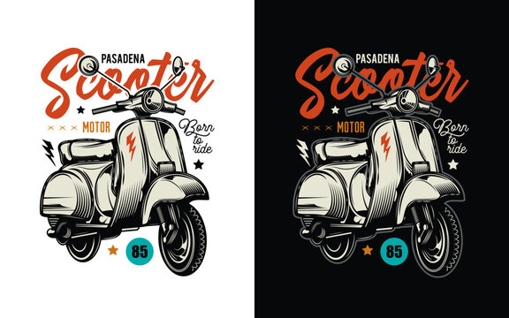 Classic old scooter. Original vector illustration in vintage style. T-shirt design.