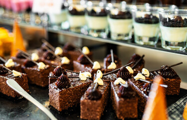 Chocolate cakes with grated nuts on a plate.