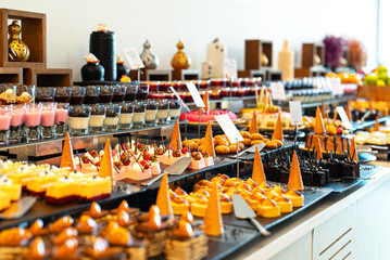 A variety of sweets and cakes. All-inclusive concept.