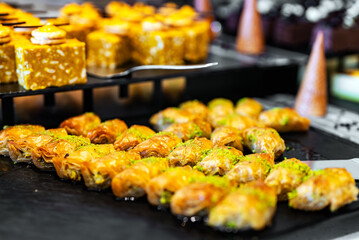 Traditional Turkish pistachio baklava dessert slices.