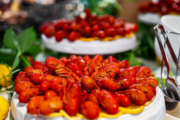 Boiled red crayfish on a plate.