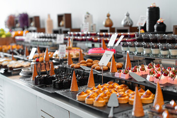 A variety of sweets and cakes. All-inclusive concept.