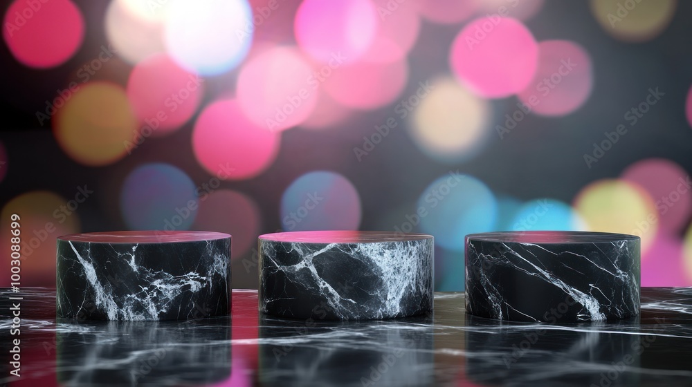 Aufkleber three cylindrical marble objects on a reflective surface with a colorful bokeh background.
