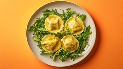 Arugula and ricotta-stuffed ravioli with lemon zest, arranged on a modern white plate with a contrasting neon orange background