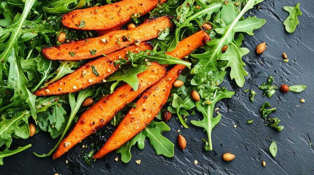 Arugula and roasted carrot salad with cumin and coriander, served on a matte black surface with a vibrant turquoise backdrop