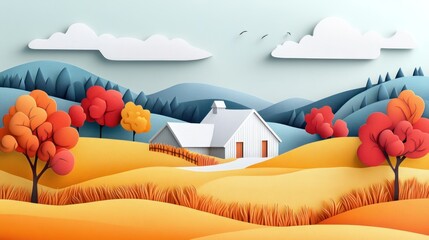 Naklejka premium A colorful paper-cut landscape featuring a house, trees, and rolling hills.