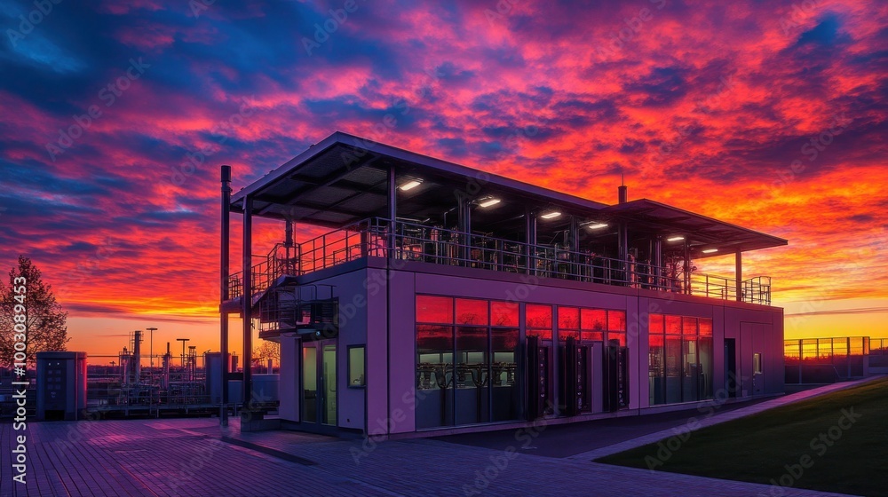 Canvas Prints A modern building reflecting vibrant sunset colors, likely serving an industrial purpose.