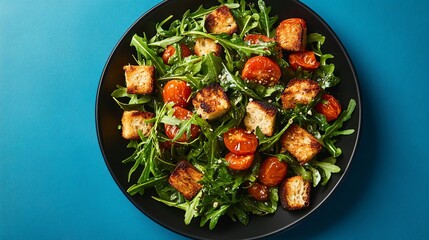Arugula and roasted tomato salad with garlic croutons, arranged on a modern black plate with a contrasting neon blue background